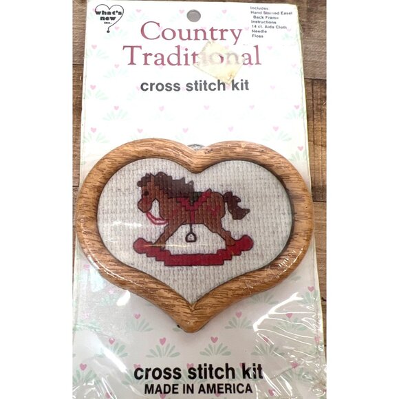 RARE Country Traditional Cross Stitch Kit Rocking Horse Heart Frame Made In Amer - Picture 1 of 2